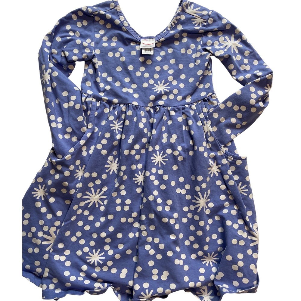 Hanna Andersson Girls Blue Polka Dot Snowflake Long Sleeve Pocket Dress US 6-7